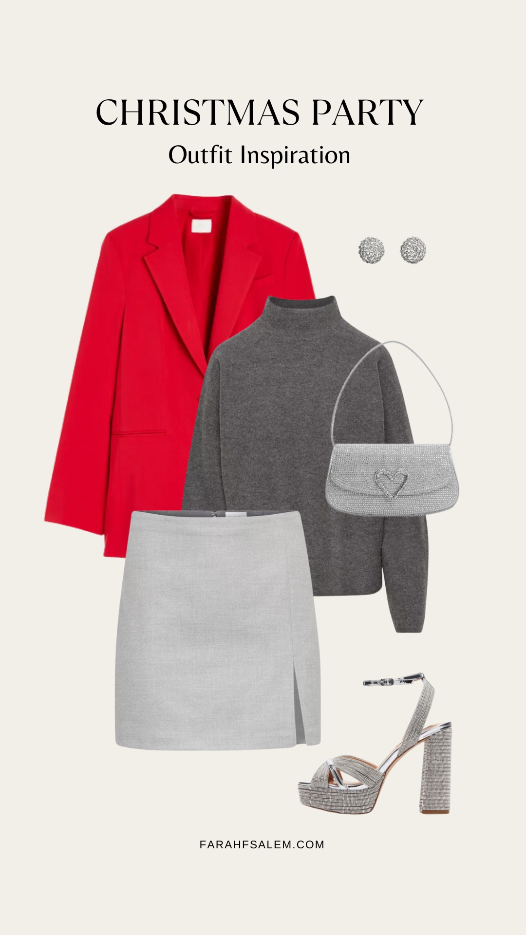 Christmas party outfit ideas, holiday season outfit, christmas outfit ideas, grey and red outfit,