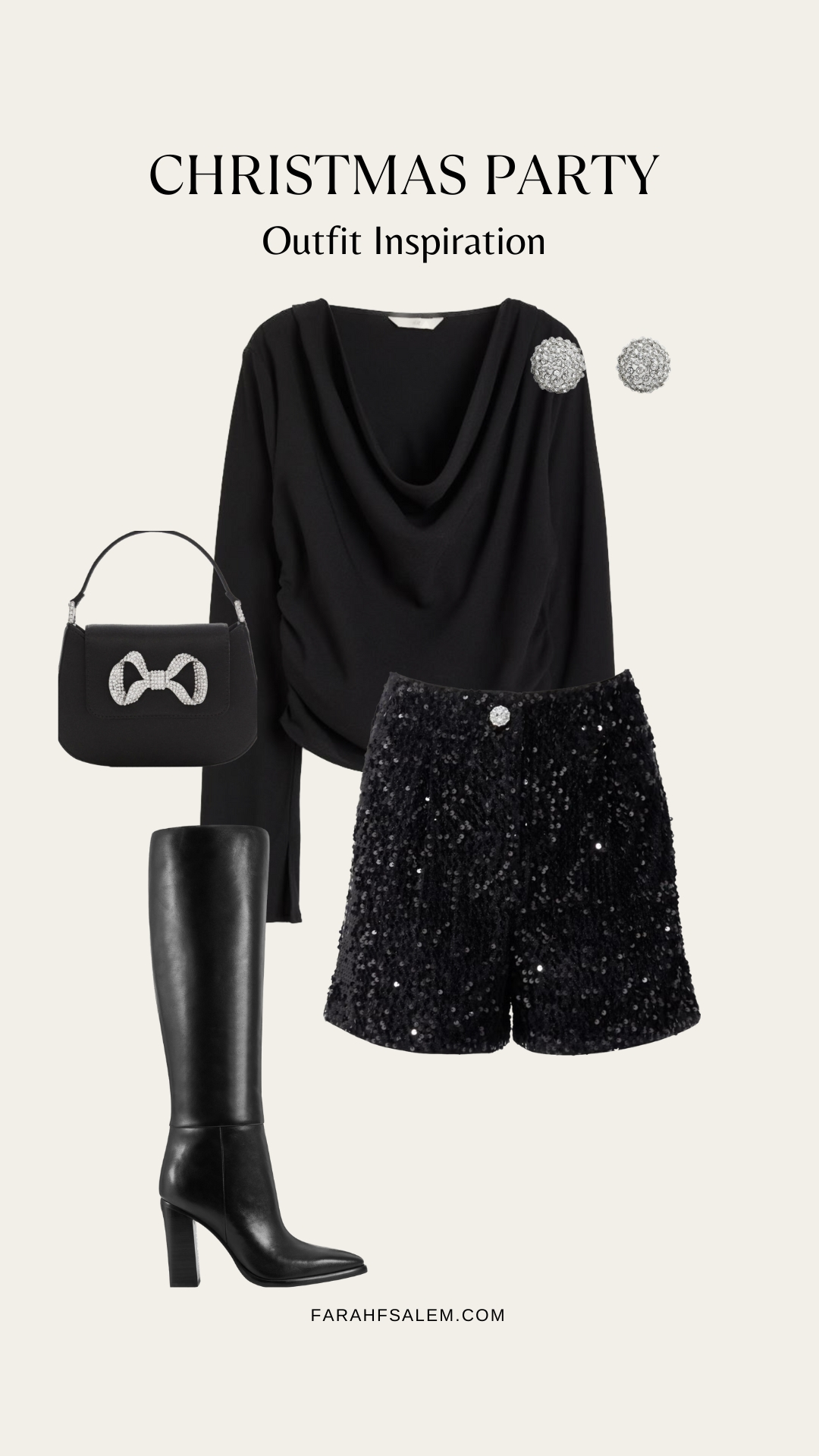 Christmas party outfit ideas, holiday season outfit, christmas outfit ideas, sequin black shorts,