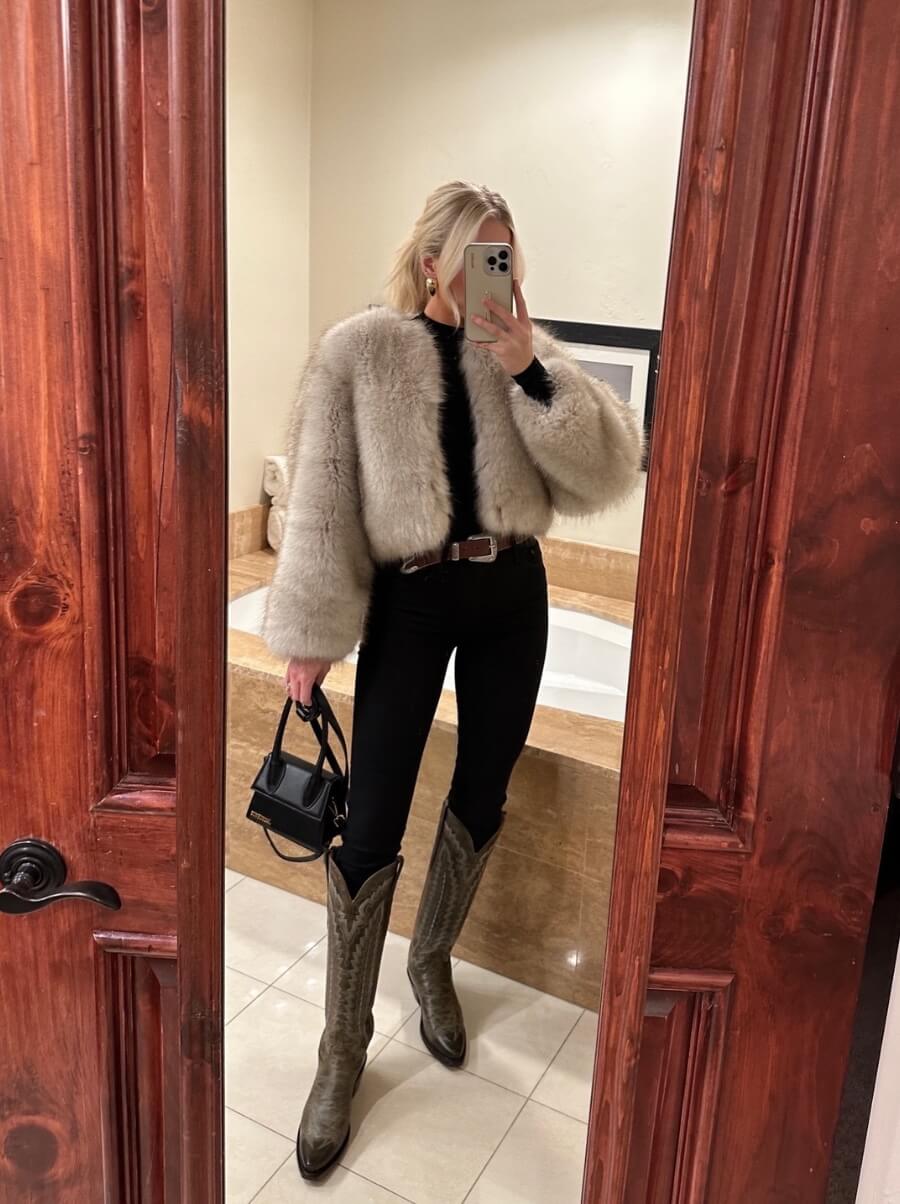 cowboy boots and fur jacket outfit inspo