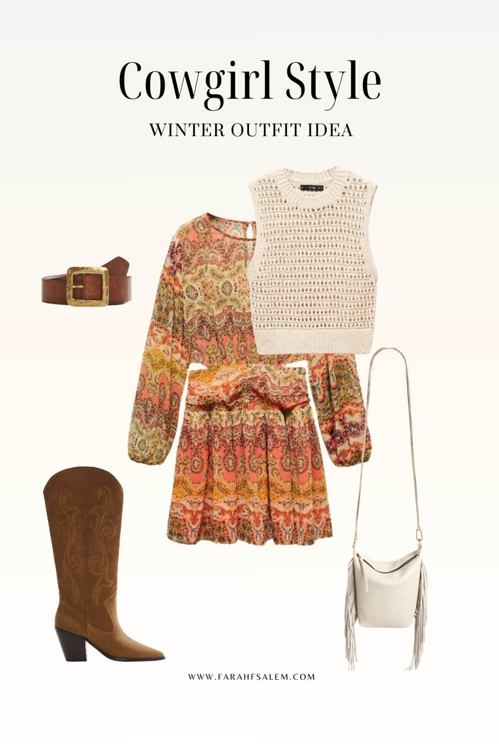 floral dress, cowboy boots. cowgirl aesthetic,  winter outfit, country concert outfit idea