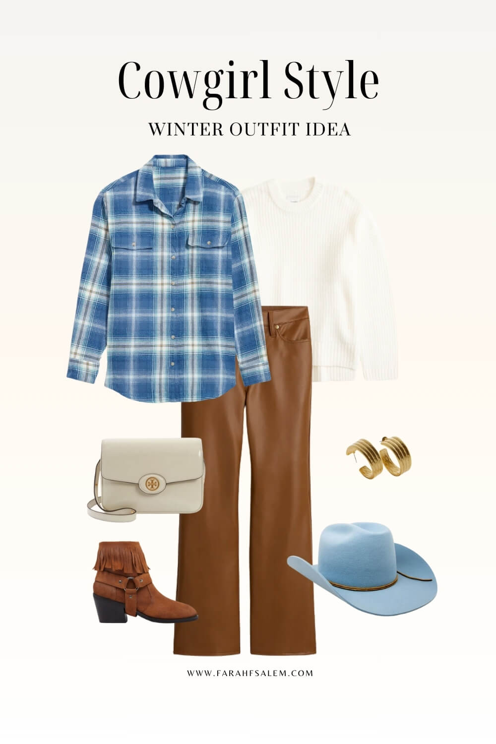 leather pants, blue cowboy hat, flannel shirt, winter outfit, country concert outfit idea