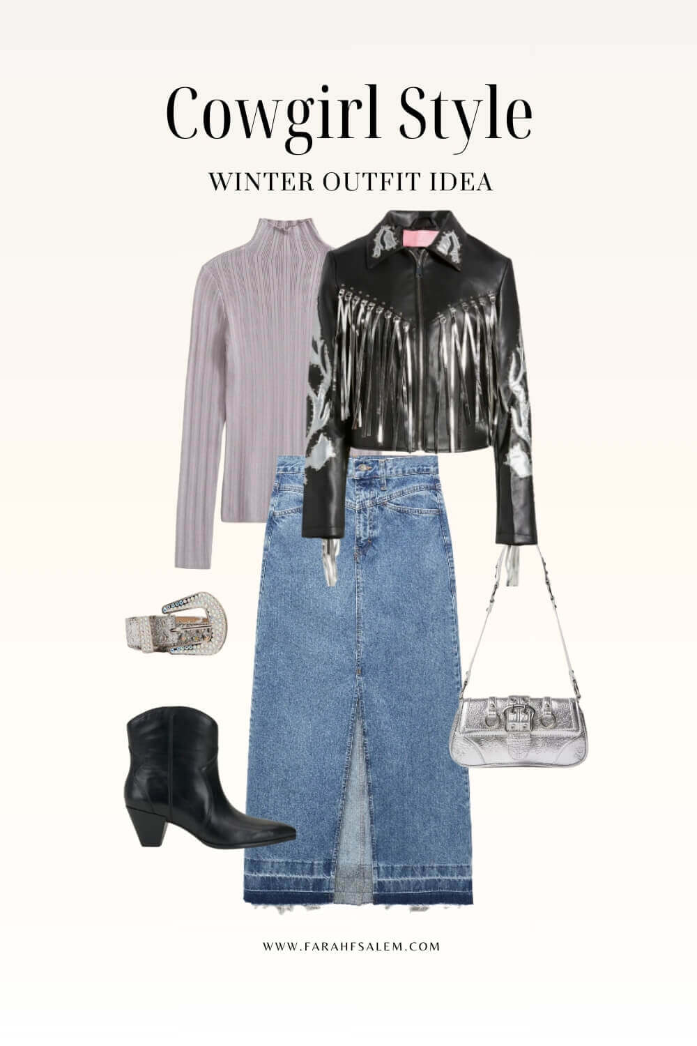 silver bag denim skirt leather jacket with tassels and black cowboy boots women