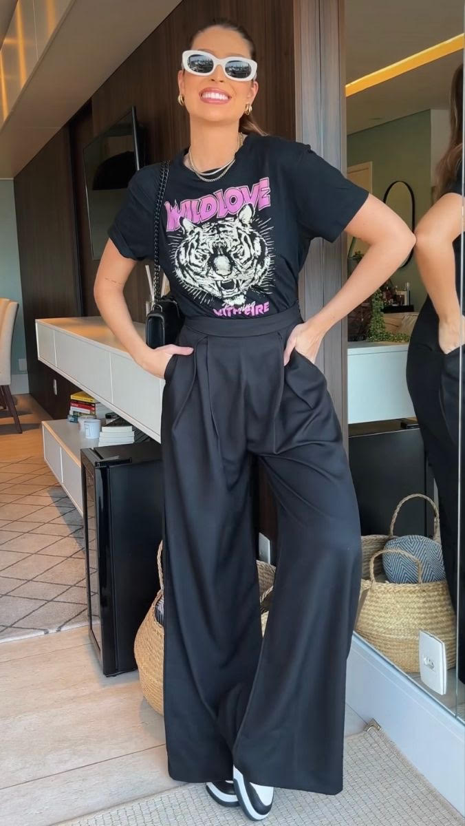 edgy casual style, wide leg pants, graphic tee