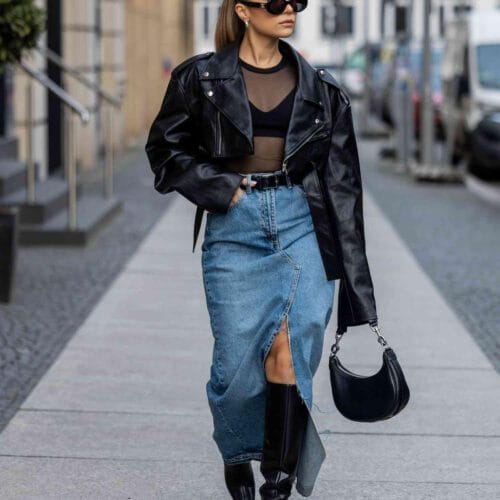 edgy outfit black leather jacket, denim skirt