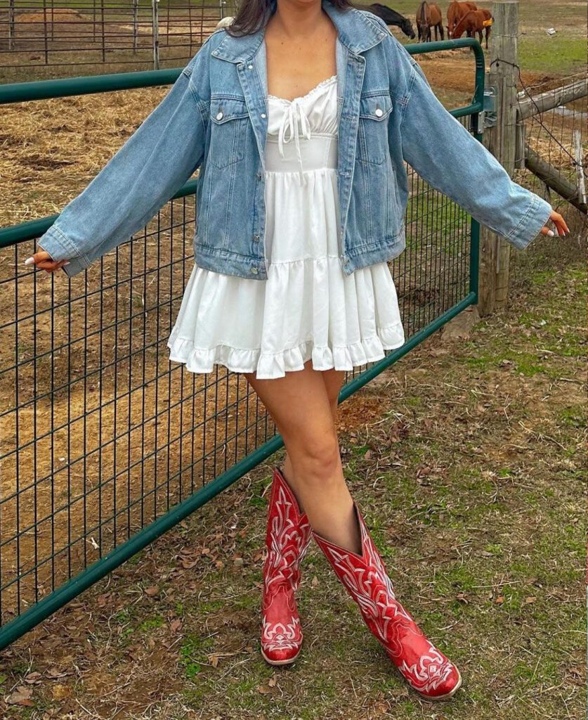 coastal cowgirl outfits, red cowboy boots, denim jacket