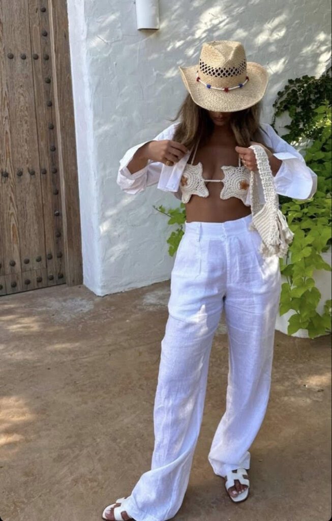 coastal cowgirl outfits, linen pants, straw hat