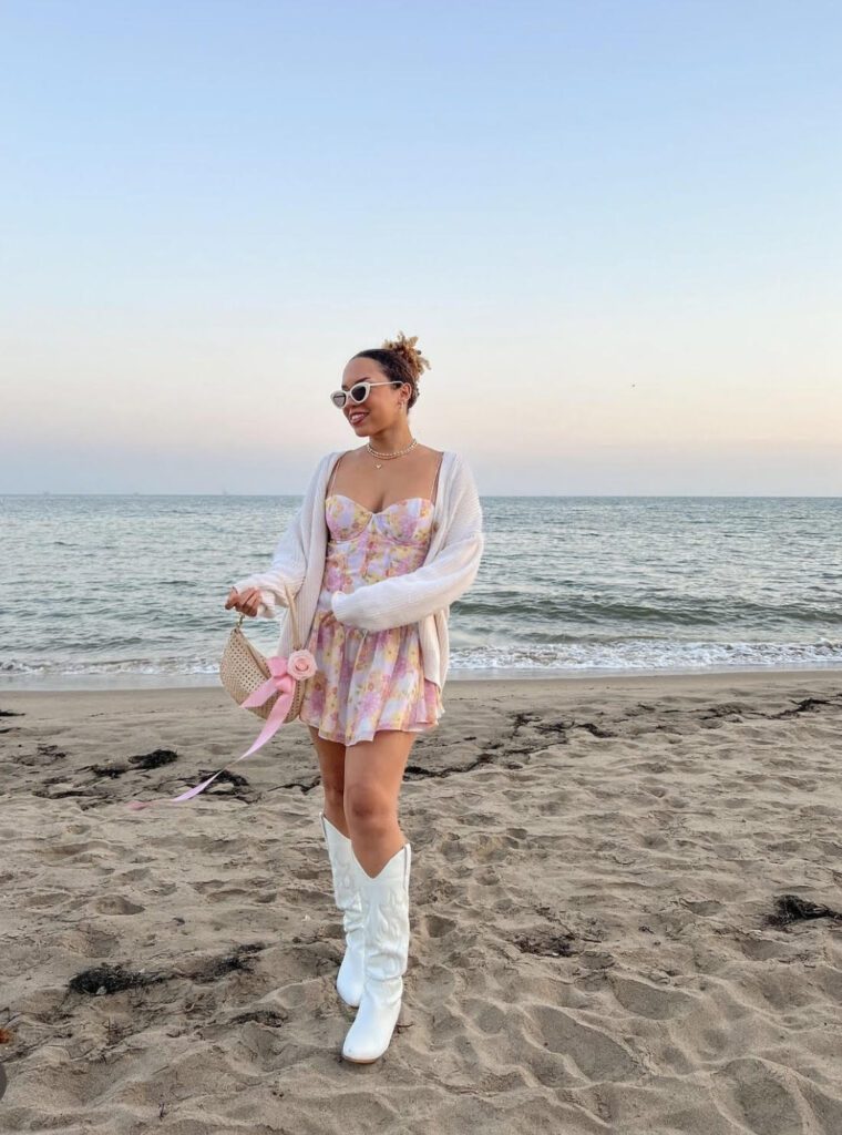 coastal cowgirl outfits, floral dress, cowboy boots