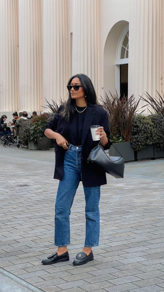 transitional outfits summer to fall, denim, blazer