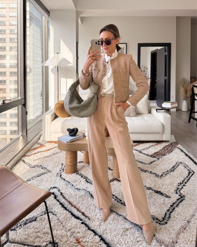 transitional outfits summer to fall, tweed jacket