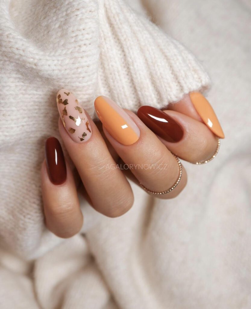 fall nail designs, brown and orange nails