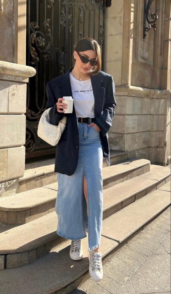 transitional outfits summer to fall, denim skirt