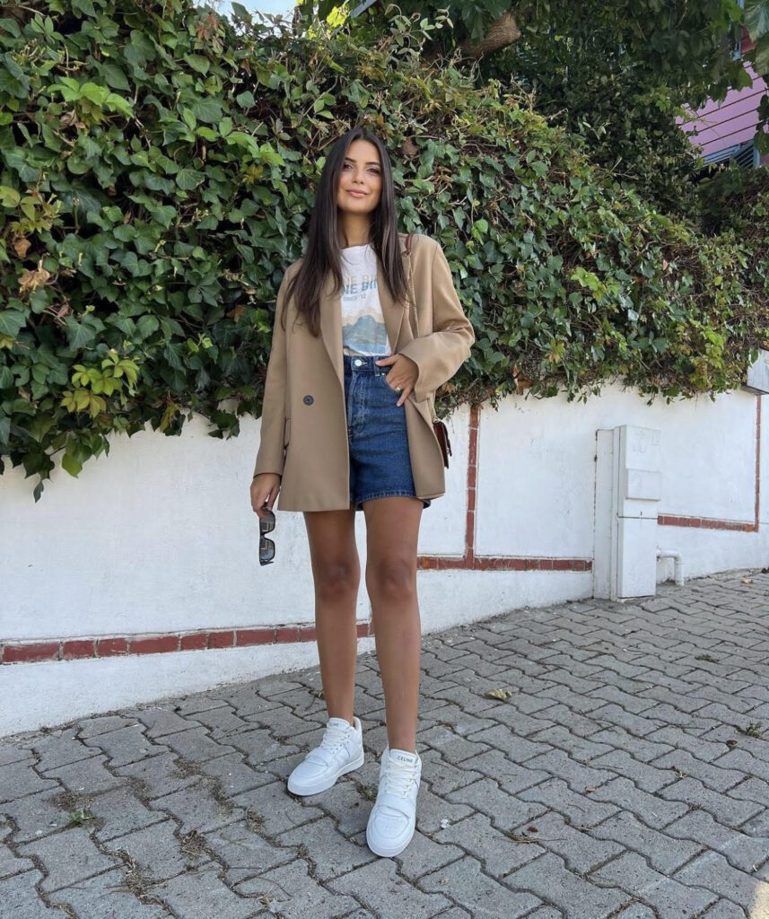 transitional outfits summer to fall, blazer, denim shorts