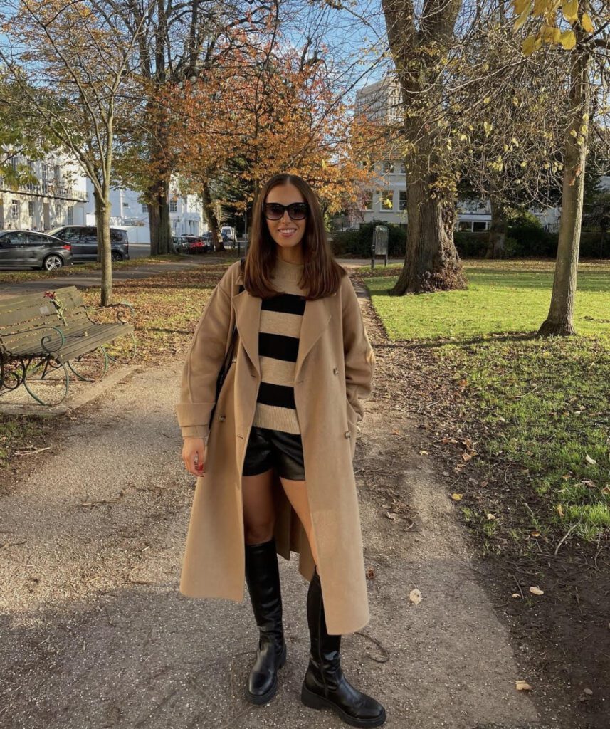 came coat, leather shorts, knee high boots