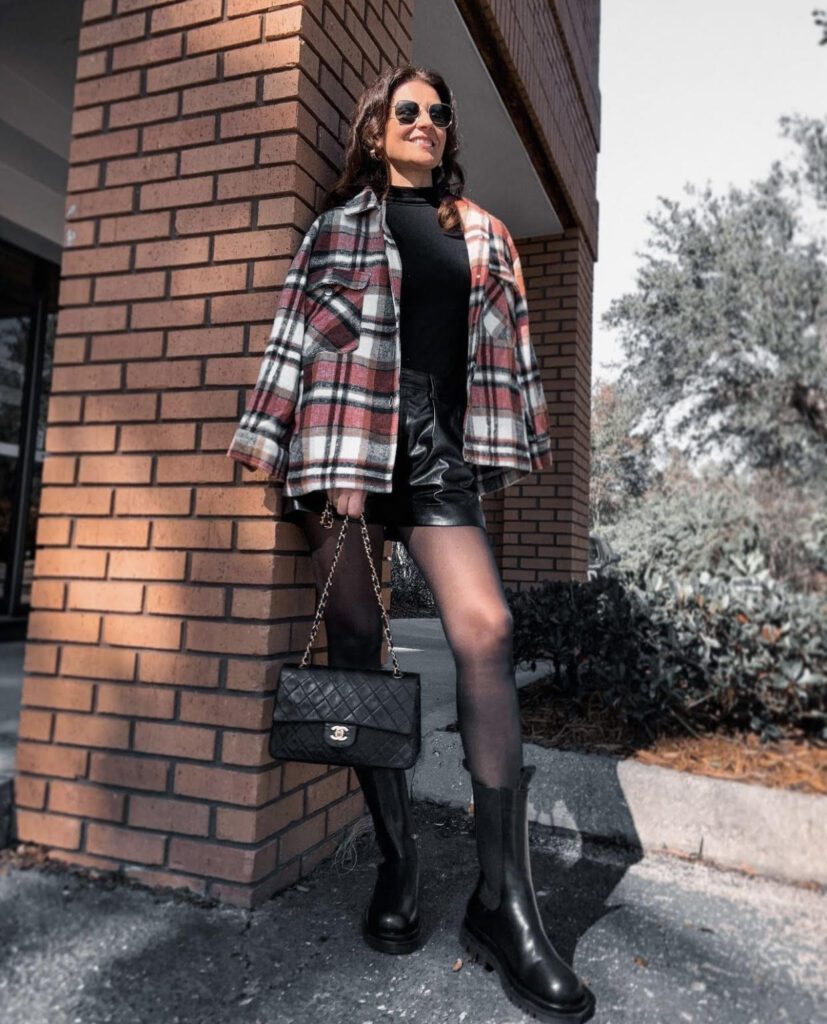 plaid shirt, black leather shorts outfit