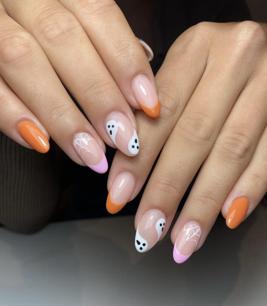 orange and pink nails, halloween