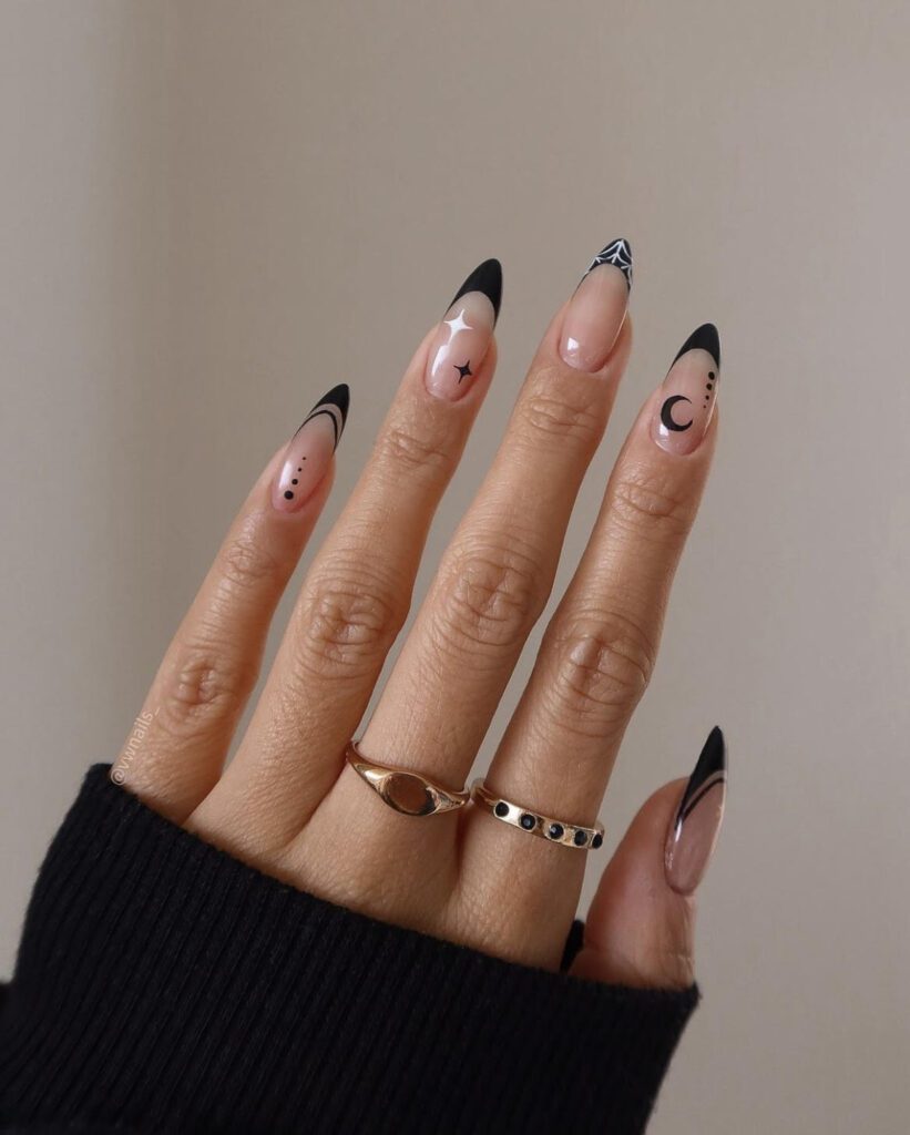 elegant halloween nail design, black french tips