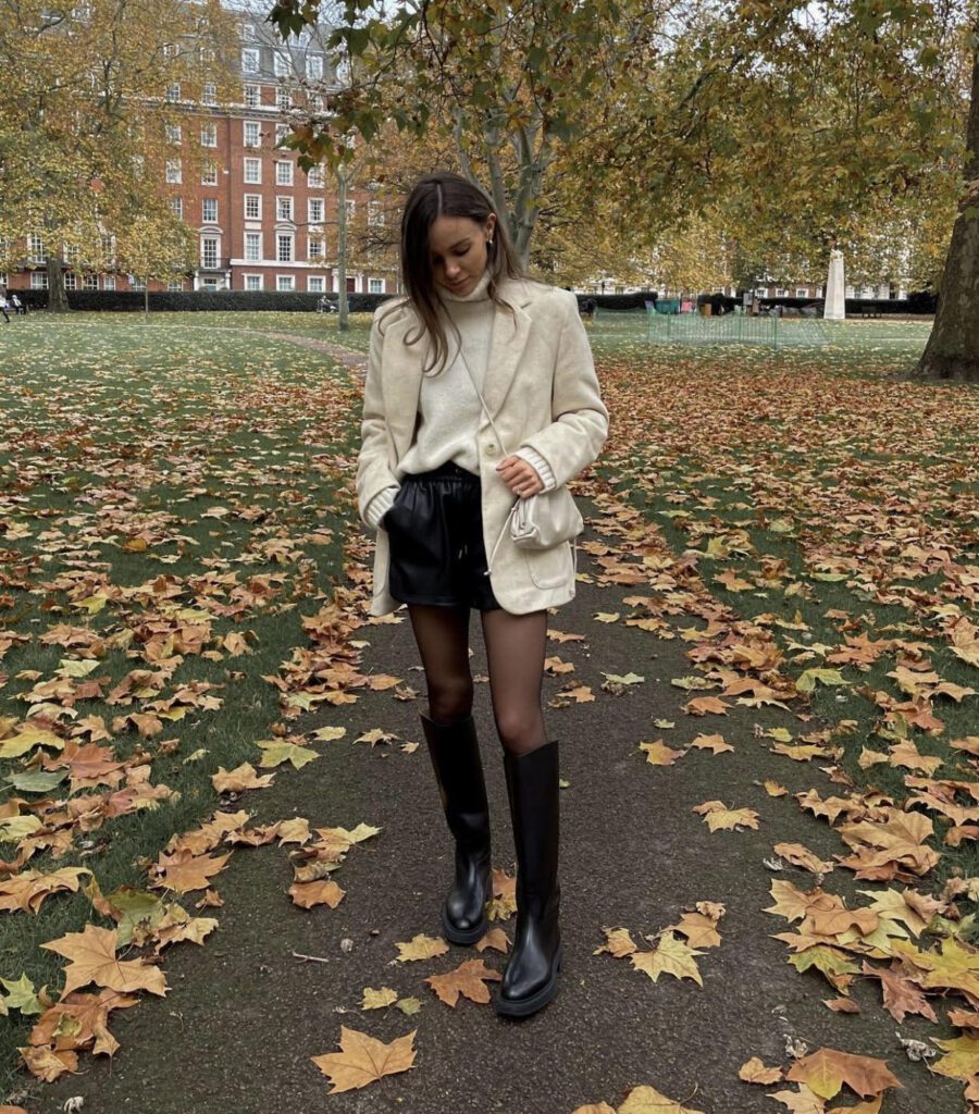 fall leather shorts outfit