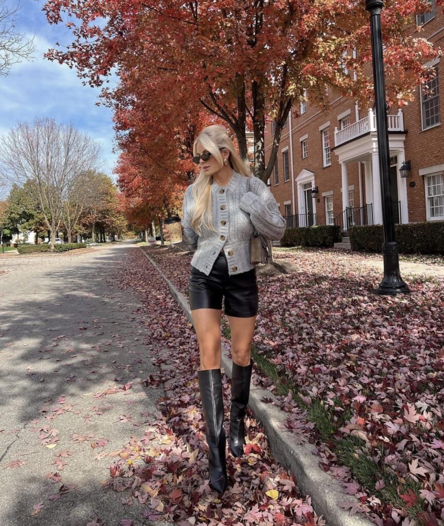 cardigan, leather shorts