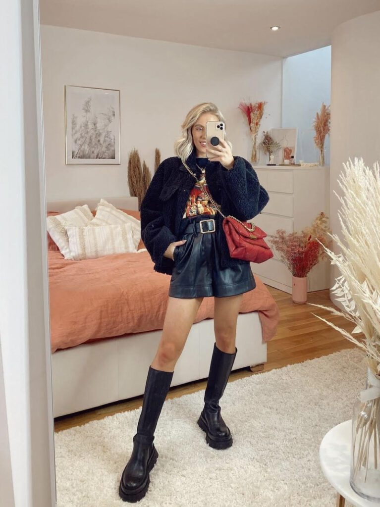 black leather shorts outfit ideas, black boots