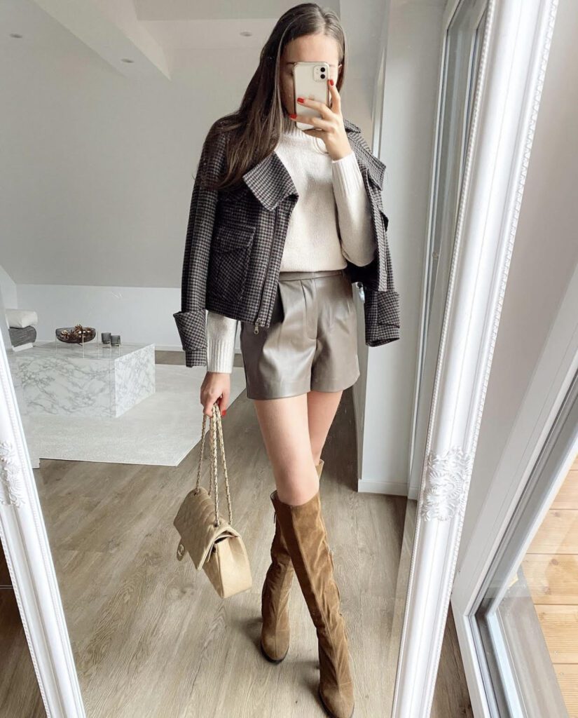 grey leather shorts outfit
