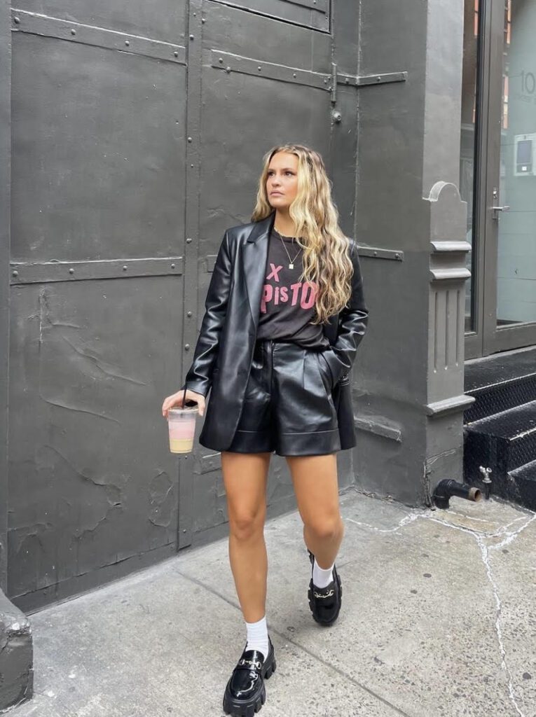 leather blazer, leather shorts outfit
