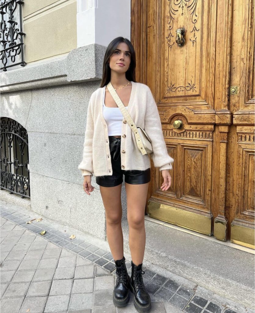 Cardigan, Crop Top & Ankle Boots, leather shorts