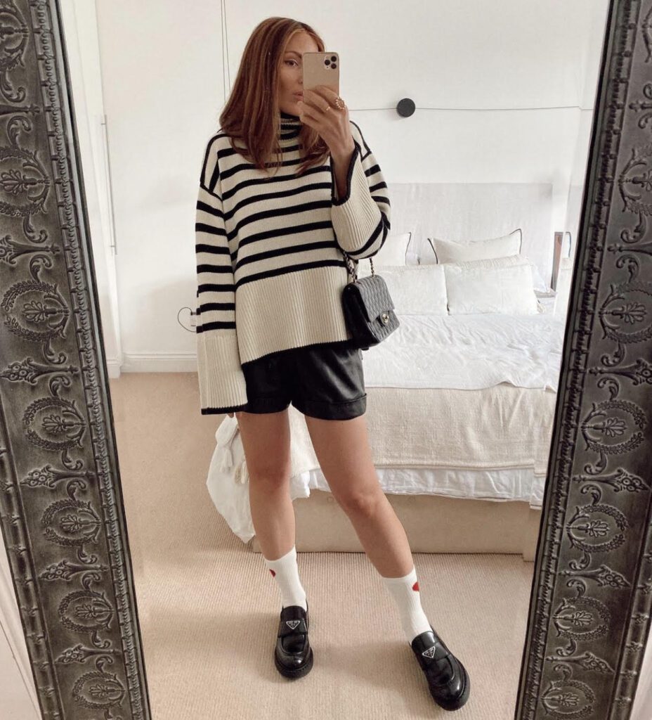 leather shorts outfits, loafers, striped sweater
