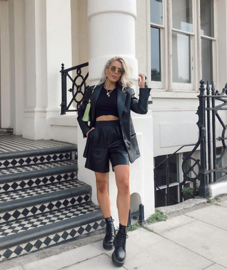 ankle boots, leather blazer, leather shorts