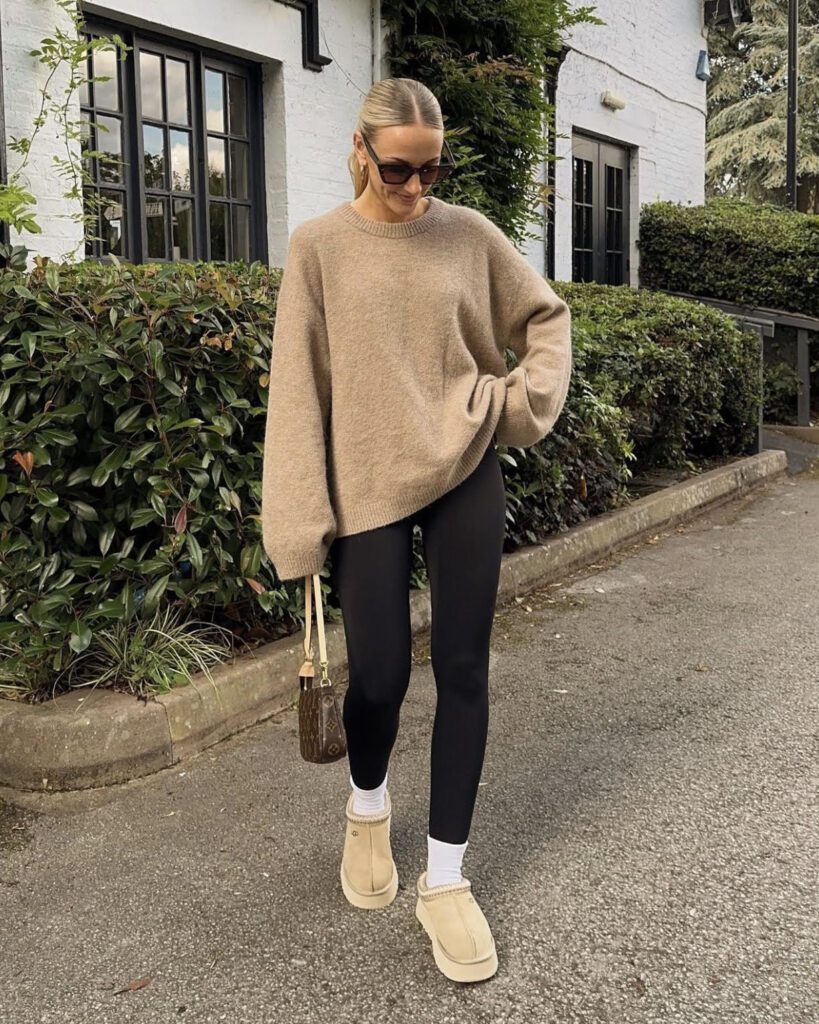 Ugg Slippers outfits, white socks, black leggings