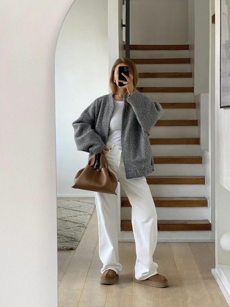 Ugg Slippers outfit, bomber jacket, white jeans