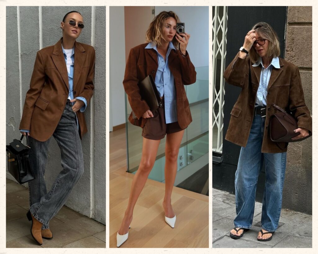 brown suede jacket, blue shirt