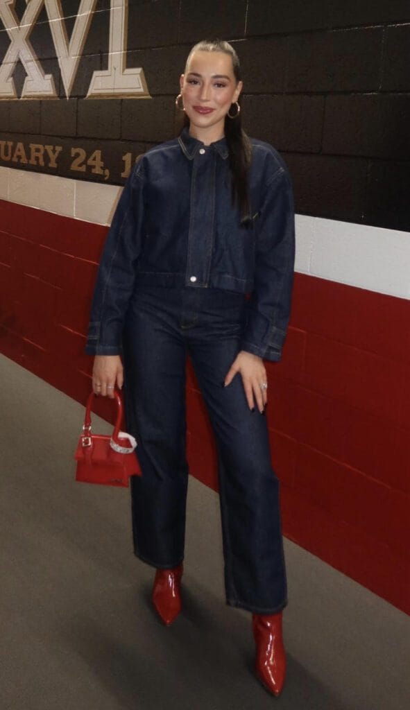 game day outfit inspo, denim on denim, red bag