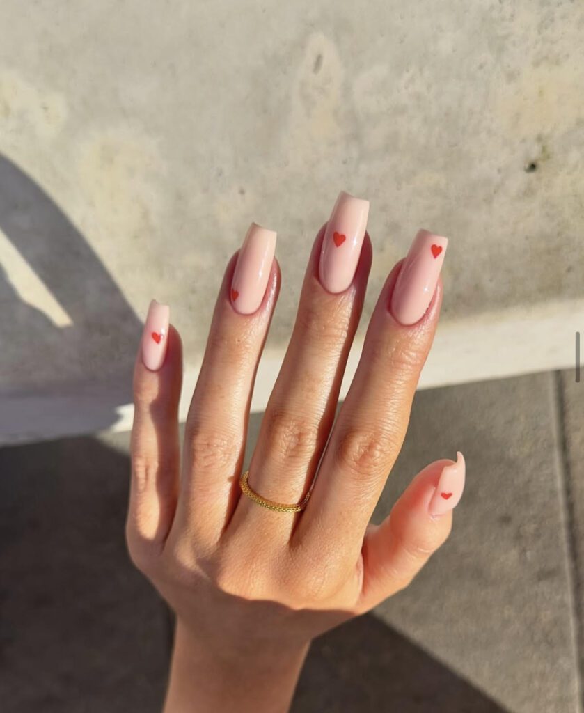 valentines nail ideas coffin, red hearts, simple