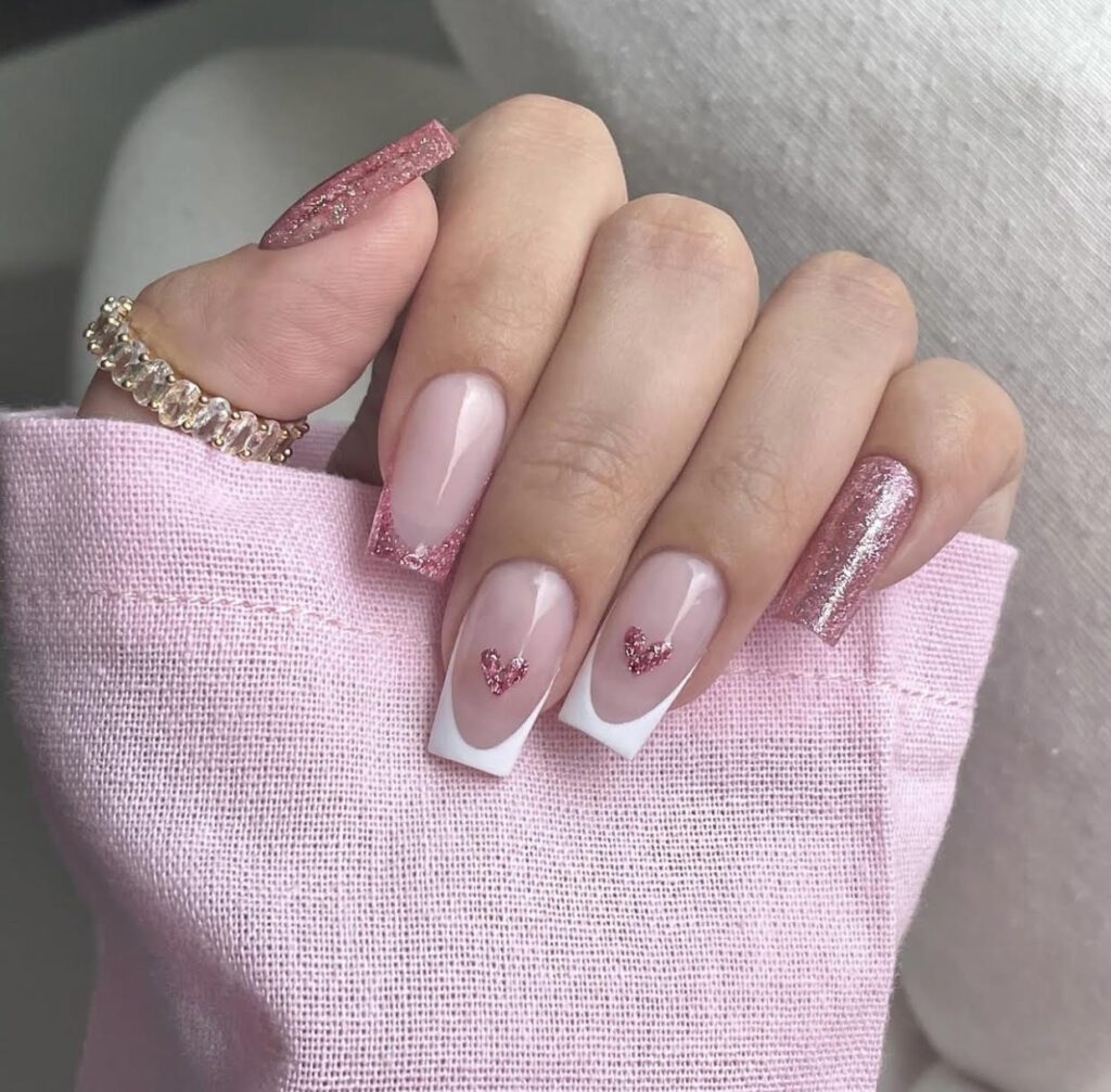 pink glitter valentine's day nails, coffin nails
