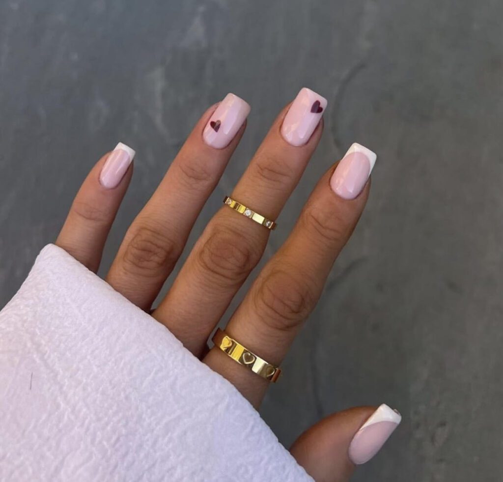 valentines nail ideas coffin, red hearts, simple, french tips