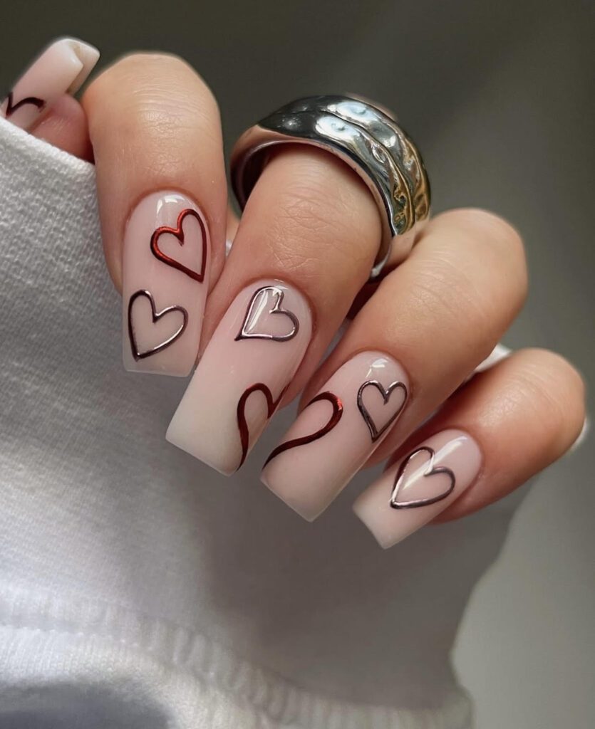 valentines nail ideas coffin, red hearts, simple