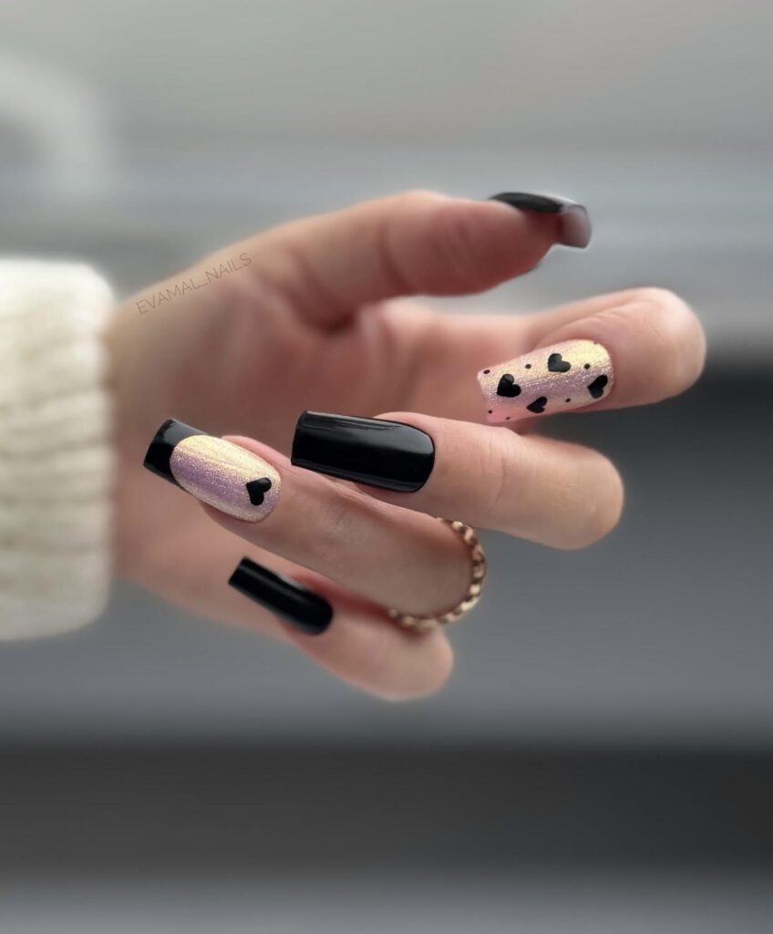 black nails, valentine's day nail designs