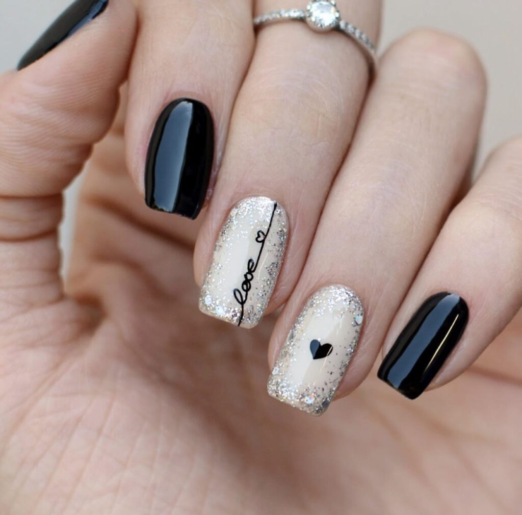 black nails, valentine nails