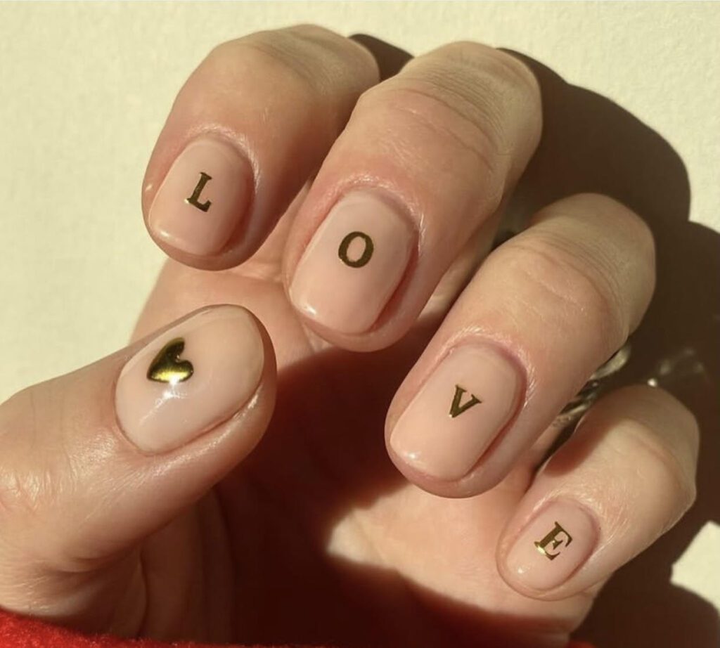 valentines nail ideas coffin, gold  hearts, simple