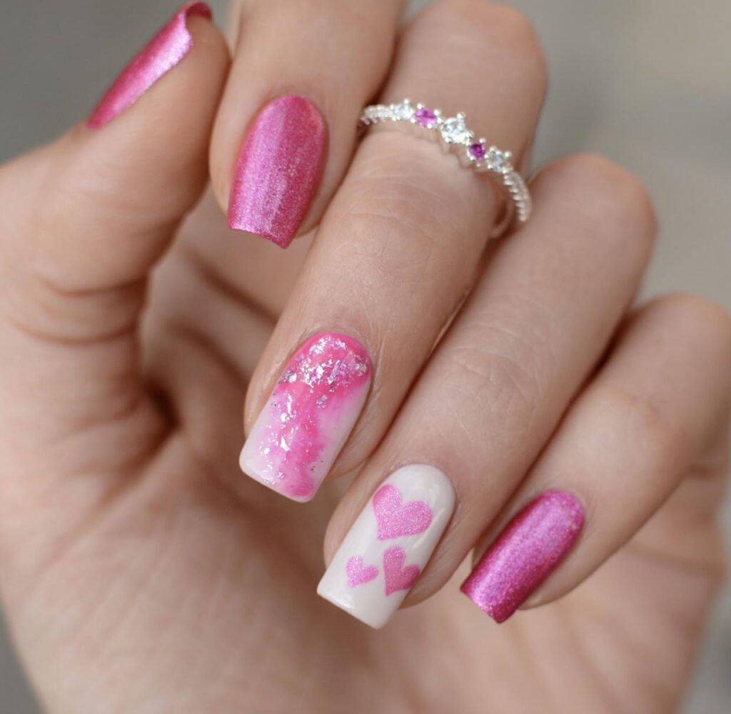 pink glitter valentine's day nails