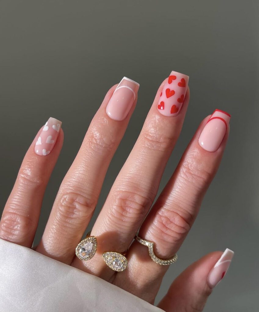 french tips, red hearts nails