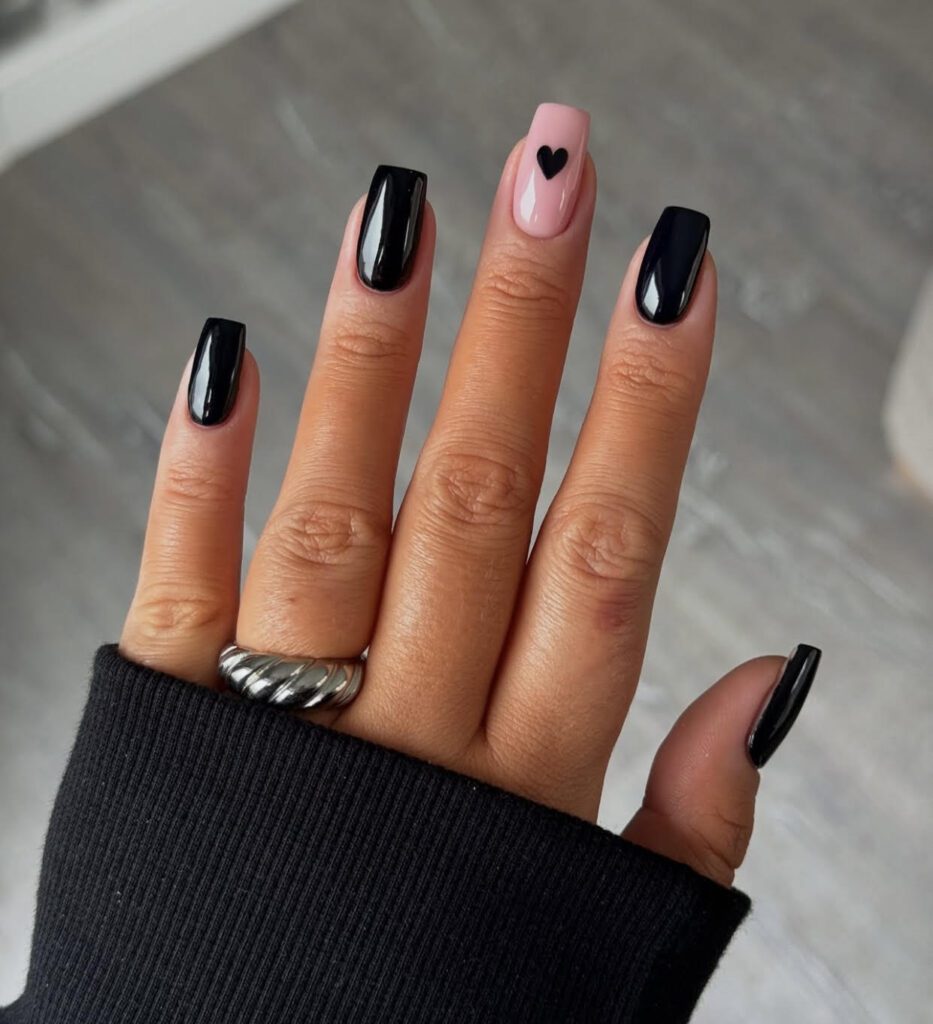 black nails, valentine's day nail designs