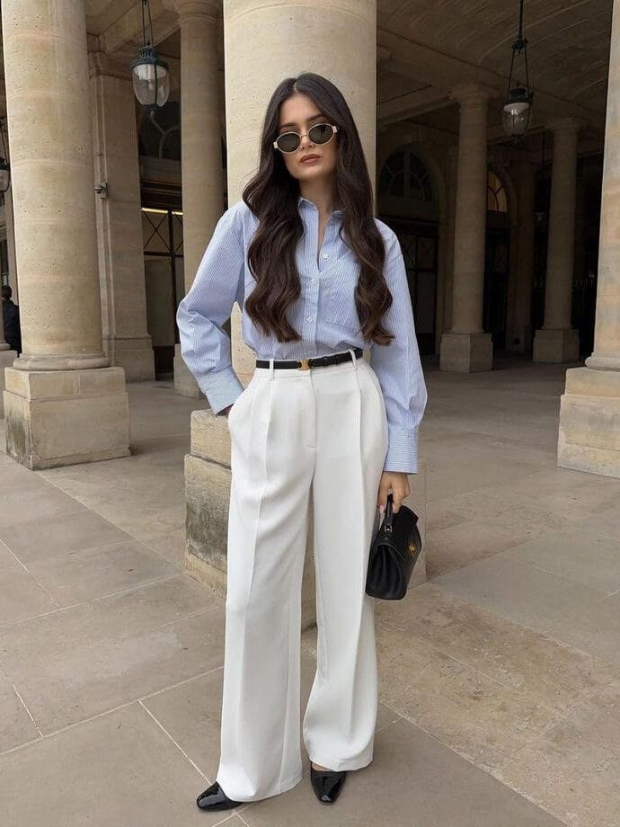blue shirt, white trousers, old money style