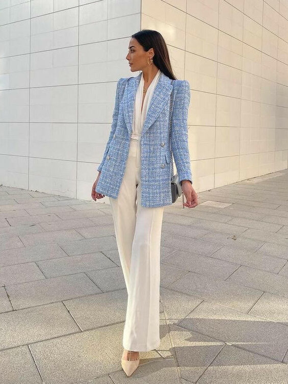 tweed blazer, white trousers, old money outfits