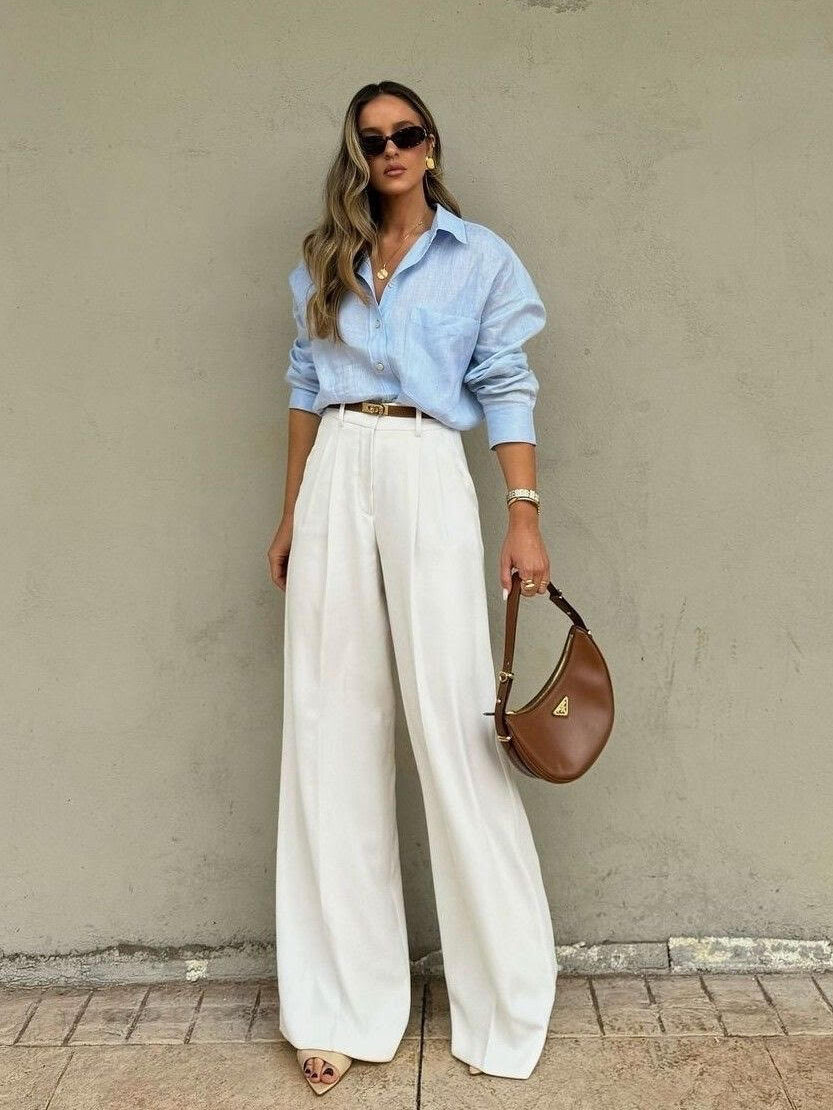 blue shirt, white trousers, old money style