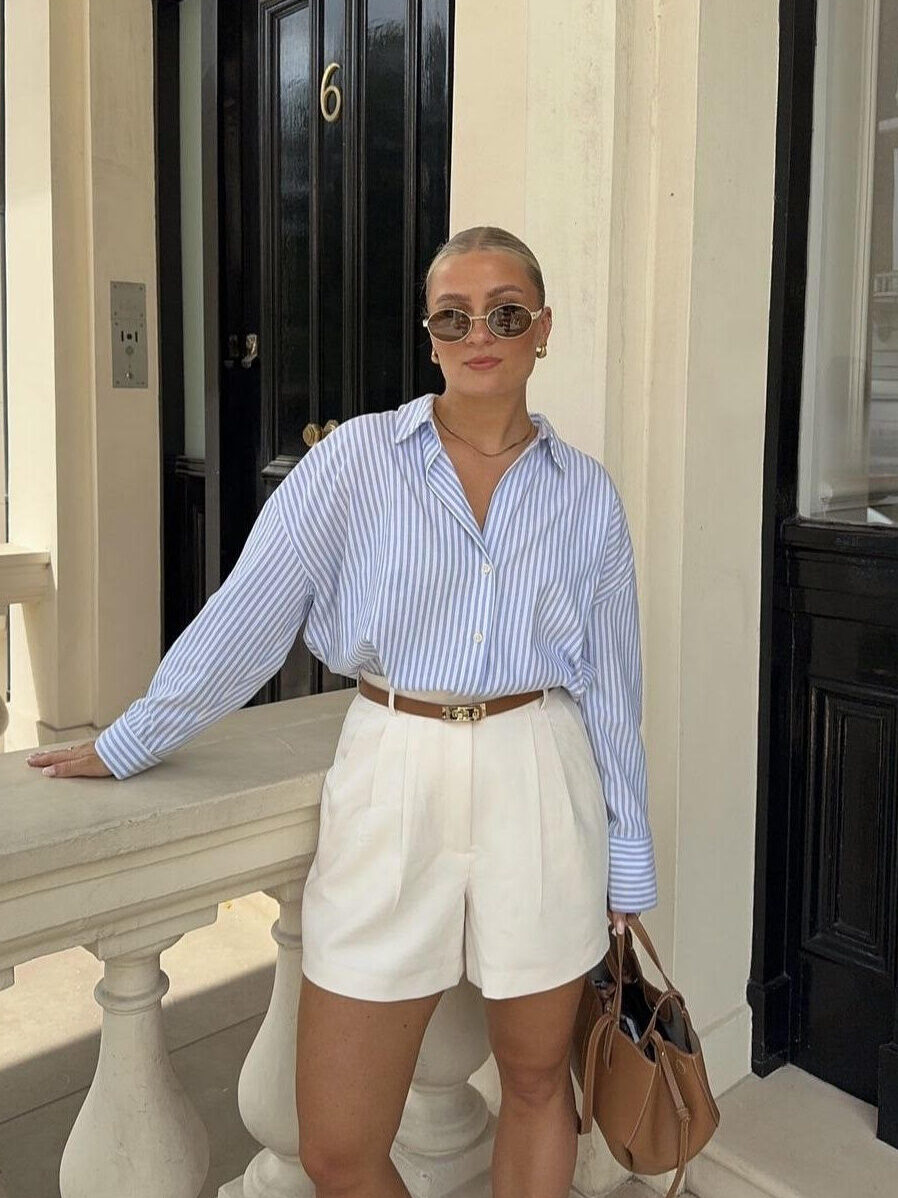striped shirt, white shorts, old money aesthetic