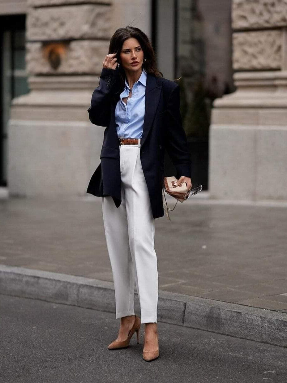 old money outfit ideas, navy blazer, white pants