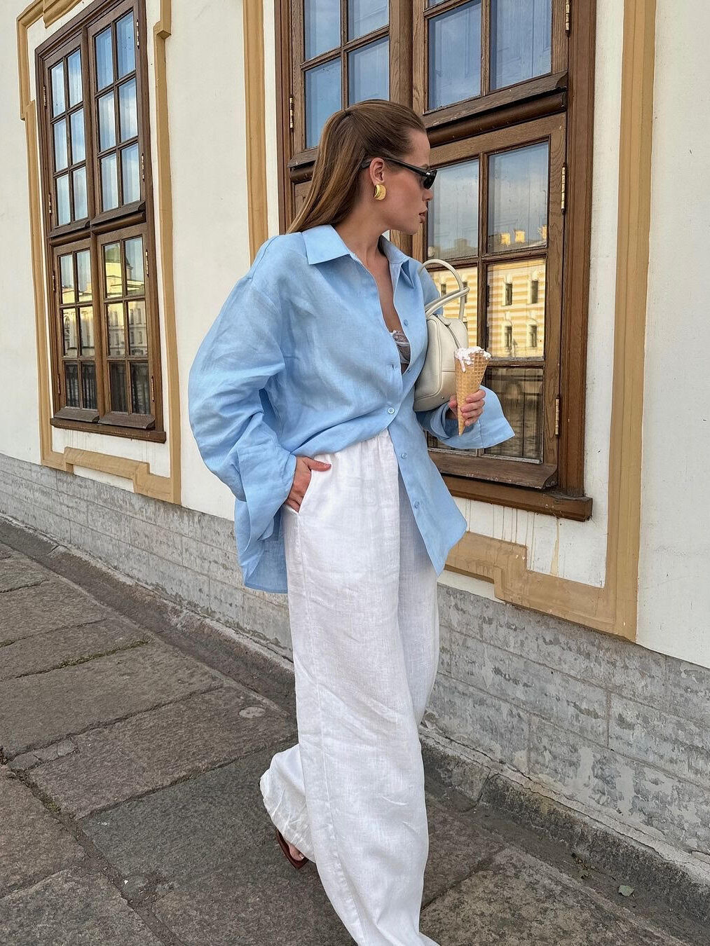 blue shirt, white trousers, old money style