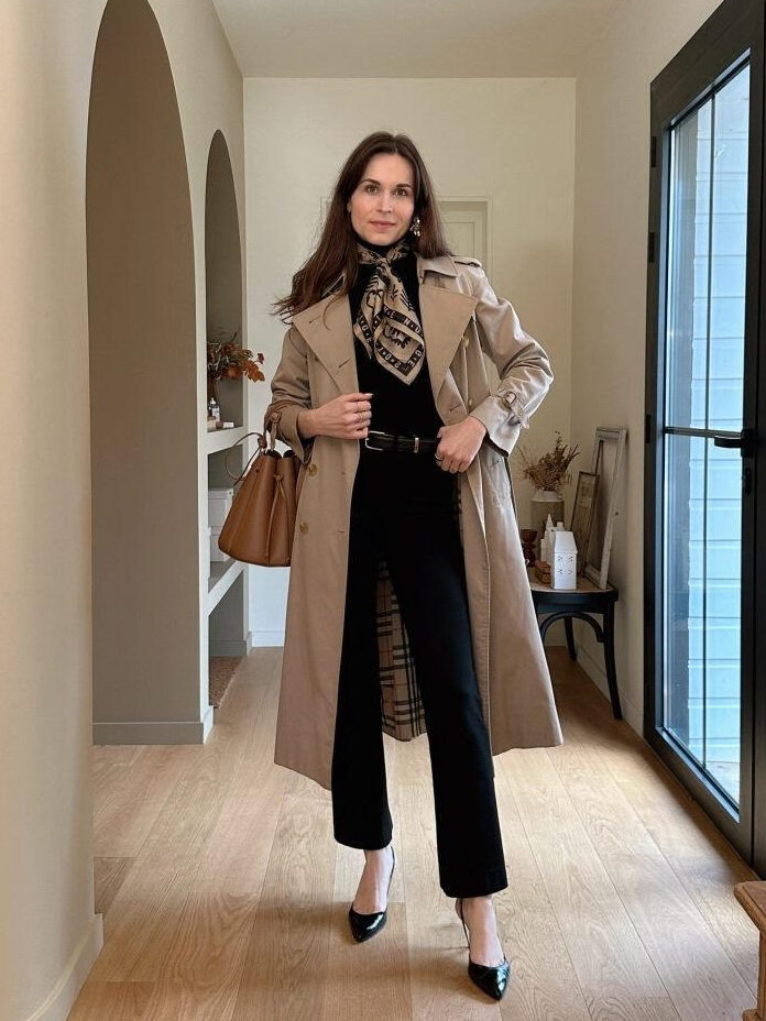 old money style, trench coat outfit