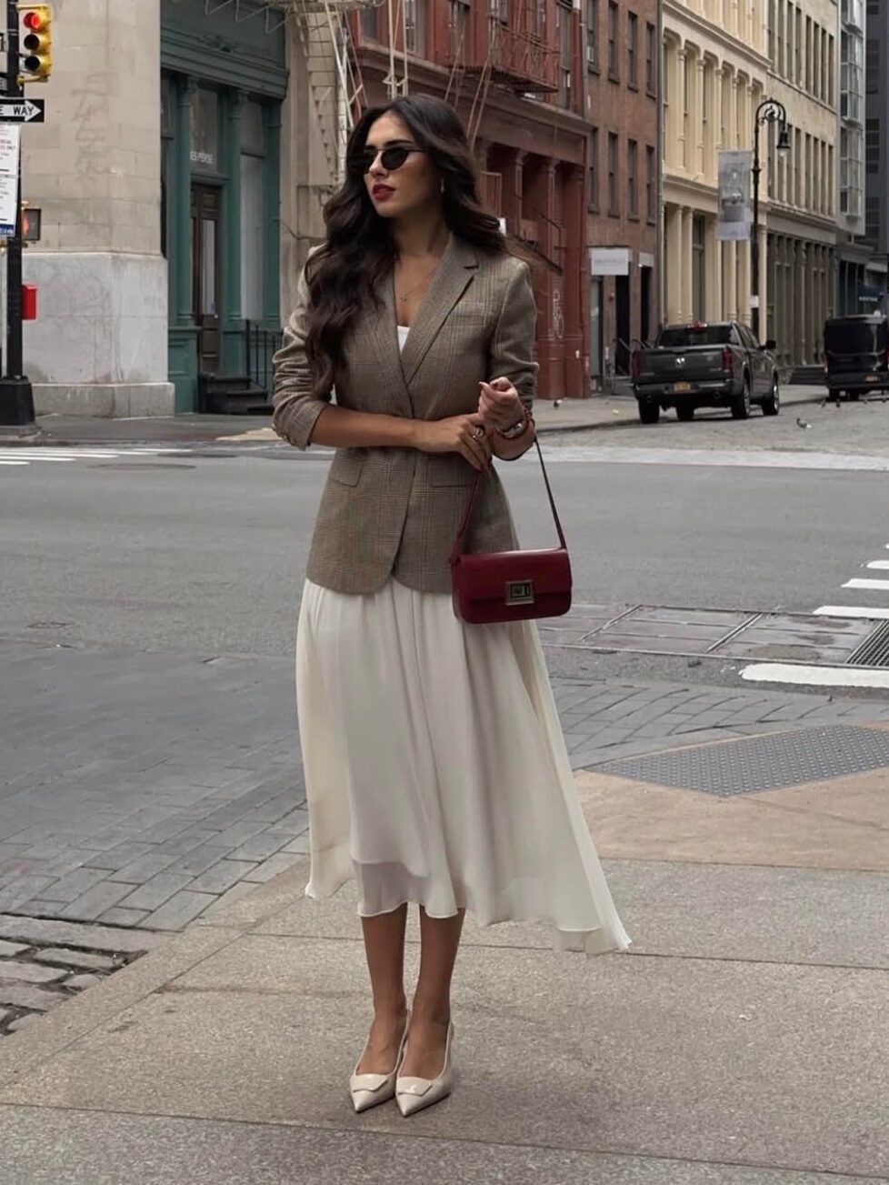 old money outfit ideas, blazer and maxi skirt outfit